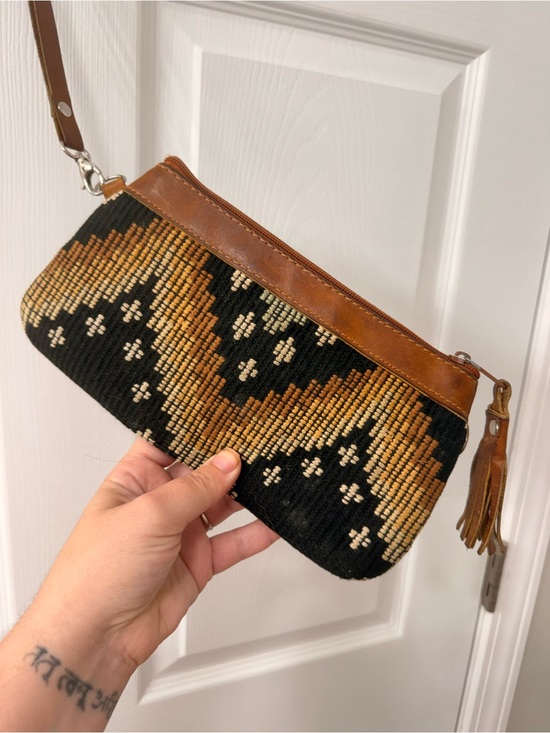 sabra and sands Handbags - Woven Black and Brown Wristlet Clutch with Leather Trim